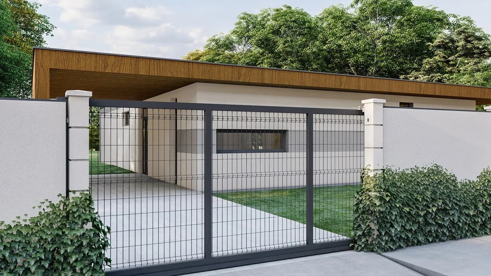 Antracitová posuvná brána s výplňou z 2D/3D panelu pred rodinným domom