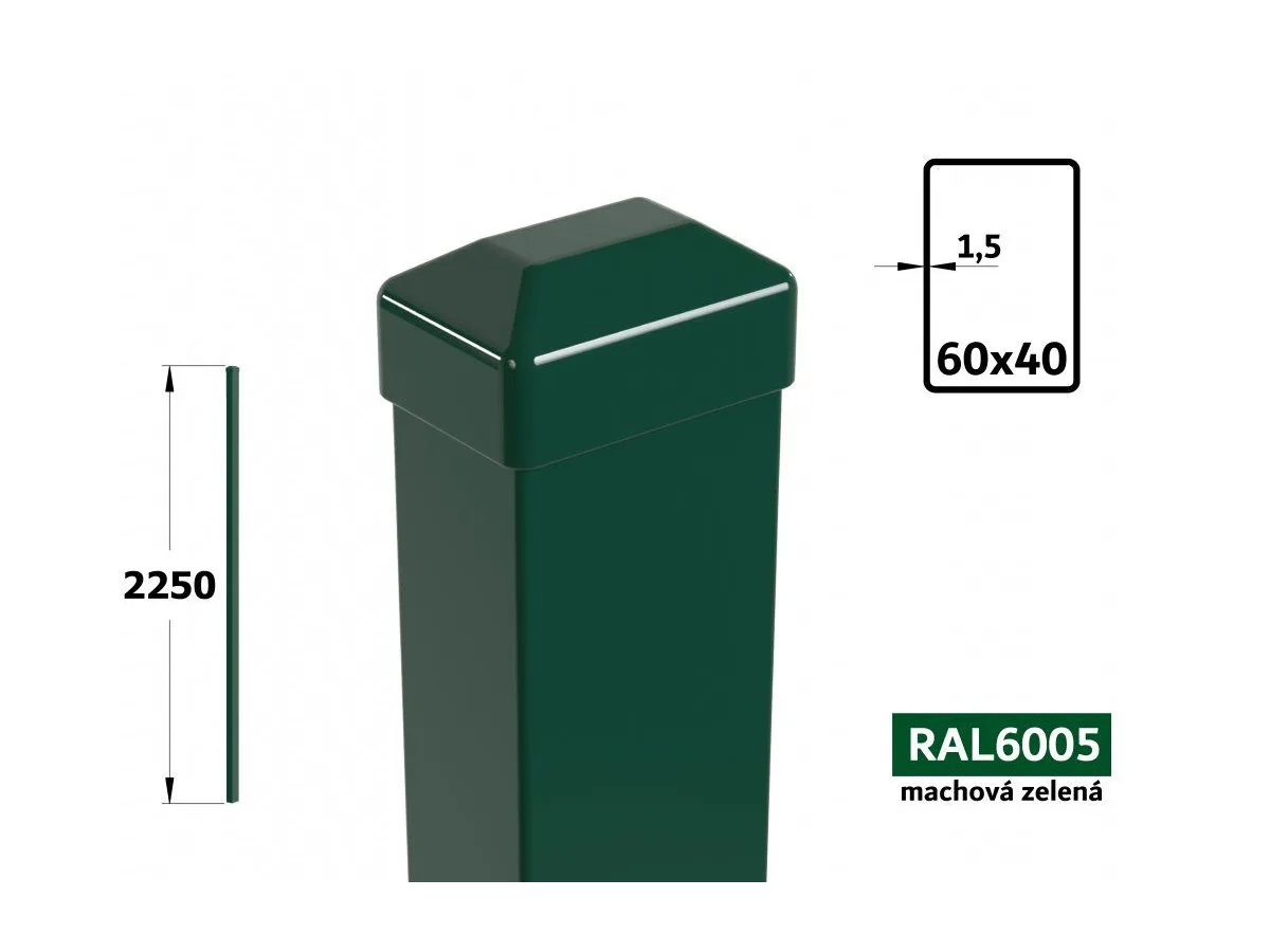 Hranatý stĺp 60×60 mm s komaxitovou úpravou v zelenej RAL 6005